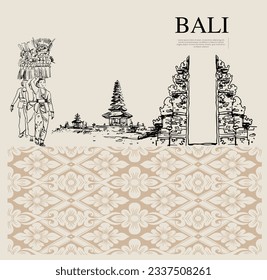 Bali vintage pattern of illustration ink sketch for art print, postcard, banner tourism. Bali poster of ink drawing art work. welcome to Bali greeting card