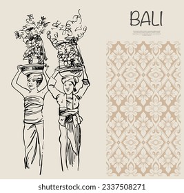 Bali vintage pattern of illustration ink sketch for art print, postcard, banner tourism. Bali poster of ink drawing art work. welcome to Bali greeting card