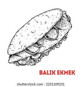 Esbozo de Balik Ekmek, comida turca. Ilustración vectorial dibujada a mano. La comida callejera turca. Estilo de esbozo. Vista superior. Ilustración vectorial vintage.