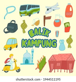 Balik kampung meaning Malaysia culture for holiday, ramadan and eid mubarak, doodles