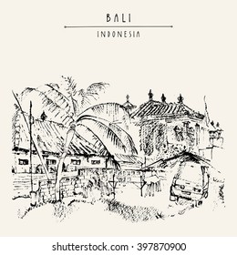 Balinese backyard and a car at Jimbaran beach, Bali, Indonesia, Asia. Beach view. Hand drawing. Travel sketch. Book illustration, postcard or poster template in vector