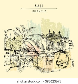Balinese backyard and a car at Jimbaran beach, Bali, Indonesia, Asia. Beach view. Hand drawing. Travel sketch. Book illustration, postcard or poster template in vector