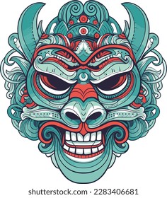 Balinese barong mask vector illustration. Vector outline illustration for coloring book isolated. Hindu ethnic symbol, tattoo art, yoga, Bali spiritual design for print, posters, t-shirts, textiles.