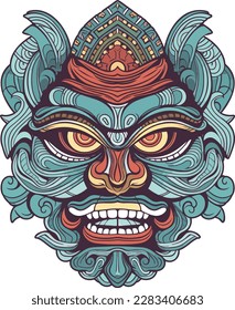 Balinese barong mask vector illustration. Vector outline illustration for coloring book isolated. Hindu ethnic symbol, tattoo art, yoga, Bali spiritual design for print, posters, t-shirts, textiles.