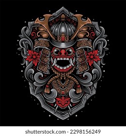 Balinese barong vector combined with Japanese samurai helmet