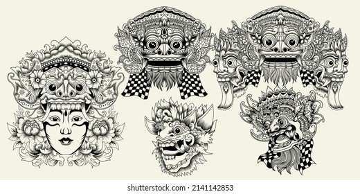 Balinese Barong vector illustration in black and white