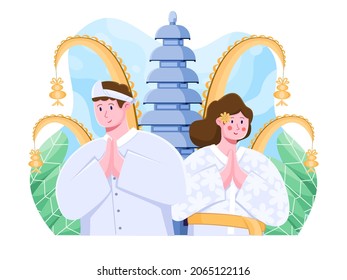 Balinese couple greeting happy Galungan Kuningan ceremony days cartoon vector illustration. Can be used for greeting card, poster, banner, web, social media, print, book illustration.