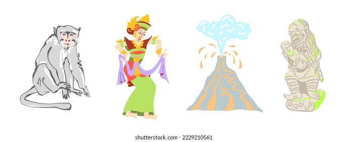 Balinese culture symbols - traditional dance, monkey, Agung volcano and demon sculpture, vector illustration