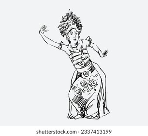 Balinese dancer of ink sketch for art print, poster, postcard, promotion tourism, greating card, invitation, painting. Bali of drawing painting. Legong line art sketch 