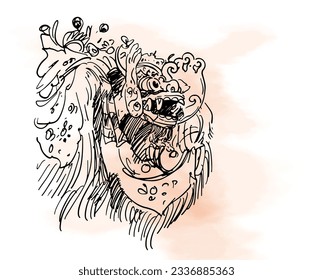 balinese dancer of sketch for poster, postcard, art print, banner tourism. Bali of ink drawing for background water colour. Barong Bali of painting ink hand draw.