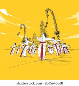 Balinese Dancers in Festive Celebration Galungan and Kuningan Graphic Illustration. Rejang Traditional Dance.