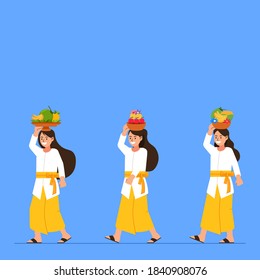 Balinese girl on hindu ritual parade to the beach to perform  purification ceremony. Suitable for hinduism theme.