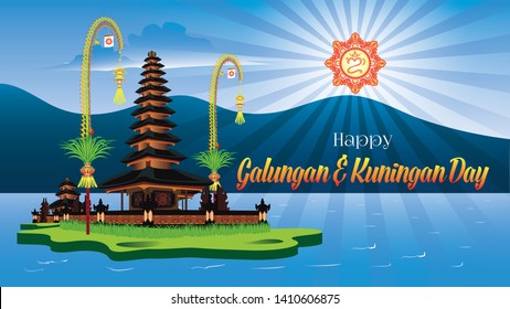 Balinese Hindu Holiday Greeting Card Happy Galungan And Kuningan With Ulun Danu Temple Scenery