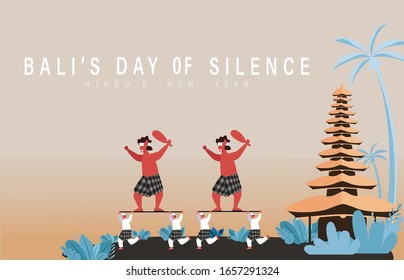 Balinese Hindu Holiday Greeting Wanti Warsa Anyar Caka Flat Design, Holy Bali's Day Of Silence Vector Template Illustration, Balinese Men Carrying Ogoh-Ogoh, Hindu Religious Rite Parade In Bali