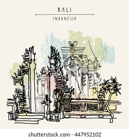 Balinese Hindu temple in Bali, Indonesia, Asia. Traditional Candi Bentar split gate. Grungy freehand drawing. Hand drawing. Travel sketch. Book illustration, postcard or poster template in vector