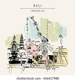 Balinese Hindu temple (pura) in Ubud, Bali, Indonesia, Asia. Traditional Galungan decoration. Freehand drawing. Hand drawing. Travel sketch. Book illustration, postcard or poster template in vector