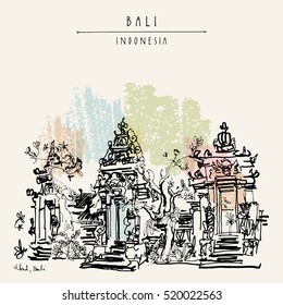 Balinese Hindu temple in Ubud, Bali, Indonesia, Asia. Hand drawing. Travel sketch. Book illustration, postcard or poster in vector