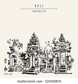Balinese Hindu temple in Ubud, Bali, Indonesia, Asia. Hand drawing. Travel sketch. Book illustration, postcard or poster template in vector