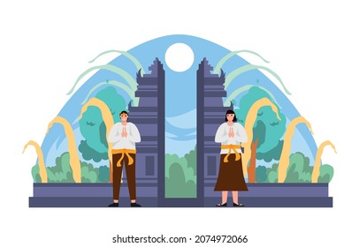 Balinese man and woman in the traditional gapura temple with penjor around celebrating Galungan and kuningan day vector illustration background. 