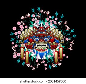 balinese mask barong illustration design for sukajan is mean japan traditional cloth or t-shirt with digital hand drawn Embroidery Men T-shirts Summer Casual Short Sleeve Hip Hop T Shirt Streetwear