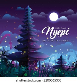 Balinese new year vector posters set with traditional temple silhouettes on starry night and colourful sunset backgrounds with sign in indonesian language: Happy new year 1943, Silence day.