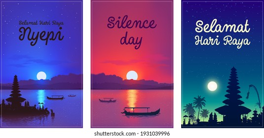 Balinese Nyepi day vector posters set with signs in Indonesian language "Selamat Hari Raya" (Happy New Year). Bali island traditional celebration design templates.