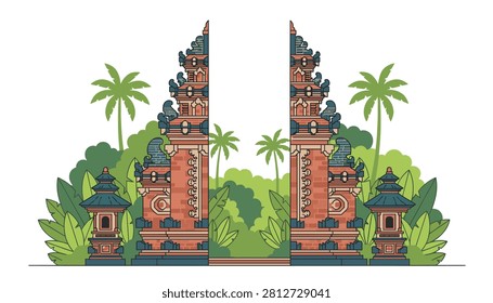 Balinese split gate architecture featuring red brick intricate carvings set among tropical palm trees and lush forest foliage.