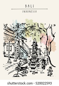 Balinese traditional compound backyard with a Hindu shrine in Kuta, Bali, Indonesia, Asia. Hand drawing. Travel sketch. Book illustration, touristic postcard or poster in vector