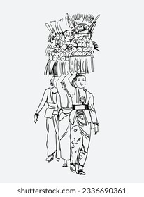 balinese traditional culture of ink drawing sketch for vintage poster, postcard, welcome, banner tourism.