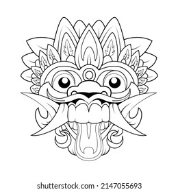 Balinese traditional culture ritual mask. Hindu ethnic spiritual symbol. Vector outline design for coloring book isolated, tattoo, t-shirts, textiles