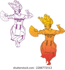 Balinese Traditional Dancer, Vector stock of Legong Dance, performing ethnic dance