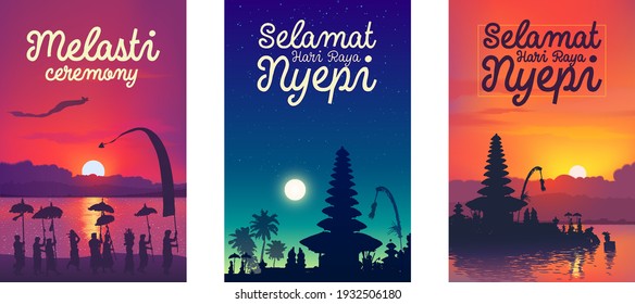 Balinese traditional hindu new year vector colourful posters templates set: Melasti ceremony, Nyepi (silence day) and Happy New Year with temples and people silhouettes