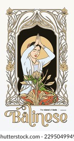 Balinese Woman praying with nature plant hand drawn illustration