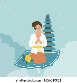 Balinese Woman Praying Vector Illustration