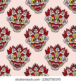 Balinesian Barong face seamless background, repeating image pattern. Asian culture traditional ritual Barong masks. Bali, Indonesia or Thailand concept.