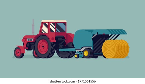 Ilustración de estilo plano vectorial de proceso de balanceo con tractor rojo tirando de baler redondo con el balde de heno hacia fuera. Diseño de conceptos agrícolas y agrícolas