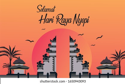 Bali's Day of Silence and Hindu New Year vector Illustration best for Poster Banner and Template, Bali temple, Bali Pura, Indonesian Culture, Hinduism, Bali Sunset Panorama