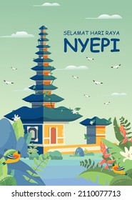 Bali's Day Of Silence And Hindu New Year Vector Illustration fit for Poster Banner and Template, Indonesain Bali's Nyepi Day, Hari Nyepi, Hindu Statue Silhouette and Temple