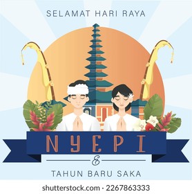 Bali's Day Of Silence And Hindu New Year Vector Illustration fit for Poster Banner and Template, Indonesain Bali's Nyepi Day, Hari Nyepi, Hindu Statue Silhouette and Temple