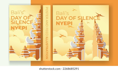 Bali's Tag der Stille nyepi, im Nachhinein neues Jahr, selamat hari raya nyepi Vektorgrafik Hinteru Statue Tempel Silhouette für Banner, Poster, Vorlage, Social Media-Feed