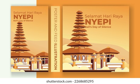 Bali's day of silence nyepi, hindu new year, selamat hari raya nyepi vector illustration hindu statue temple silhouette for banner, poster, template, social media feed