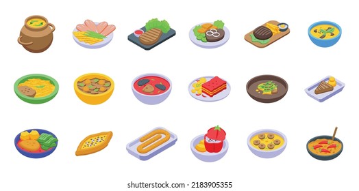 Balkan cuisine icons set isometric vector. Dinner food. Sauce menu