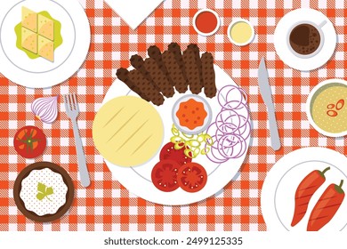 Balkan cuisine vector illustration. Flat lay image of south Europe food - baklava pastry, polenta, cevapi, coffee, grilled paprika, kajmak, lepinja on picnic table cover. Homemade food, Slavic cuisine