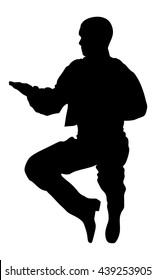 Balkan Dancer, vector silhouette illustration isolated on background. Folk dance in Europe. Russian folklore event artist in traditional dress. Happy groom jumping in air. Vintage outfit man. 