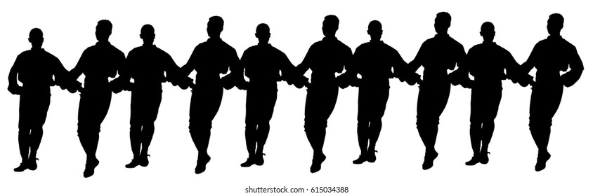 Balkan Dancers silhouette, vector illustration isolated on white background. Folk dance kolo in east Europe.  Traditional wedding dance. Dancing man silhouette