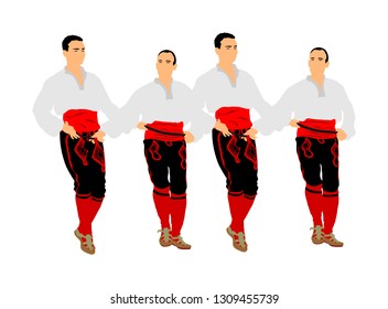 Balkan dancers vector illustration isolated on white background. Folk dance kolo in east Europe. Greek Evzone traditional dancing group. Folklore event. Sirtaki, Syrtaki. Wedding dance.