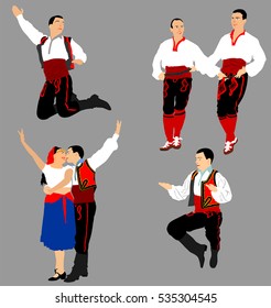 Balkan Dancers vector illustration isolated on background. Folk dance in Europe. Folklore artist in traditional dress. Wedding couple dance kolo. Happy people entertainment. East coulture.