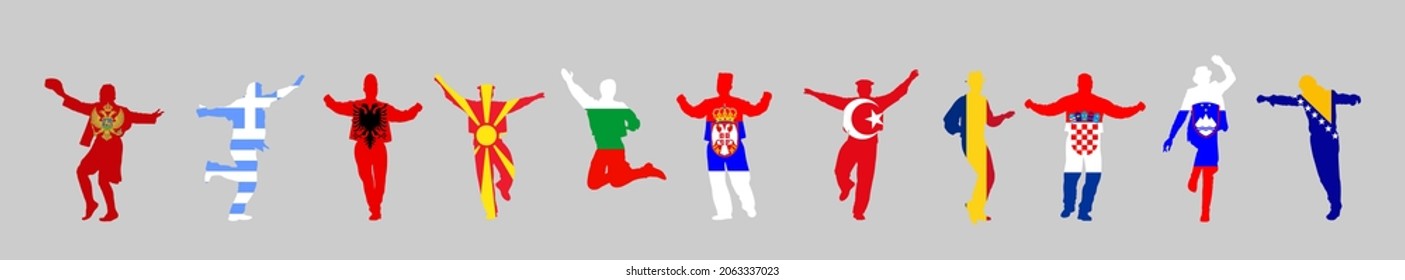 Balkan states flag folklore dancers vector illustration isolated on background: Albania, Bosnia, Bulgaria, Croatia, Greece, Kosovo, North Macedonia, Montenegro, Romania, Slovenia, Serbia, Turkey flag.