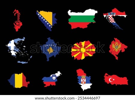 Balkan territory states map flags vector silhouette illustration isolated. Albania Bosnia Bulgaria Croatia Greece Kosovo Macedonia Montenegro Romania Slovenia Serbia Turkey. National symbol coat arms