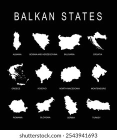 Balkan territory states map vector silhouette illustration isolated. Albania Bosnia Bulgaria Croatia Greece Kosovo Macedonia Montenegro Romania Slovenia Serbia Turkey. National symbol shape shadow.